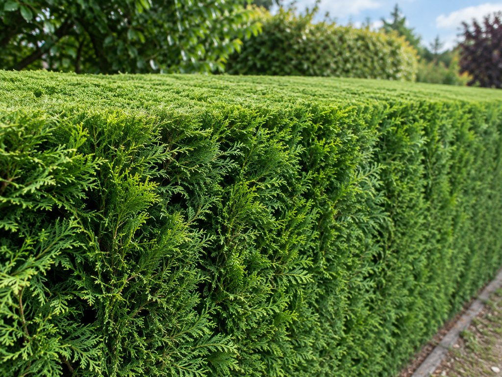 Dense conifer leylandii hedge freshly clipped to a crisp flat top